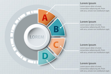 Four topics colorful half pie chart 3d paper with circle in center for website presentation cover poster vector design infographic illustration concept