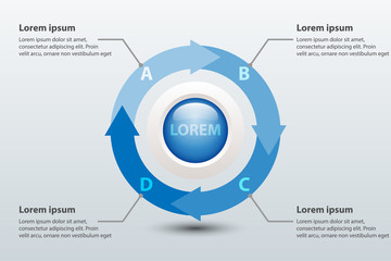 Four topics blue arrow chart 3d paper with circle in center for website presentation cover poster vector design infographic illustration concept