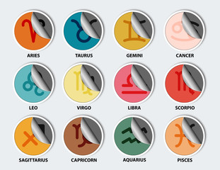 Colorful sticker paper of twelve zodiac horoscope signs symbol icon vector graphic design illustration isolated