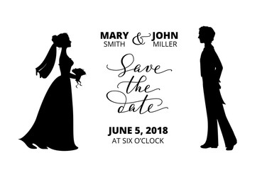 Save the date card with bride and groom silhouettes and hand written custom calligraphy