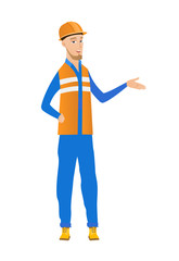 Young builder with arm out in a welcoming gesture.