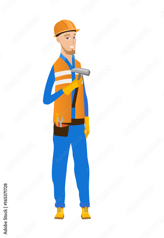 Sticker Young caucasian carpenter holding a hammer.