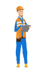 Young caucasian building inspector with clipboard.