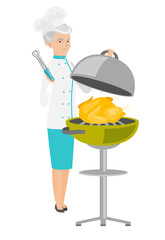 Caucasian chef cooking chicken on barbecue grill.