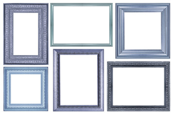 collection of vintage blue and wood picture frame, isolated on white