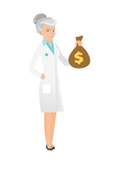 Senior caucasian doctor holding a money bag.