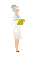 Caucasian doctor holding clipboard with documents.