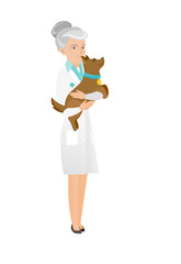 Senior caucasian veterinarian with dog in hands.