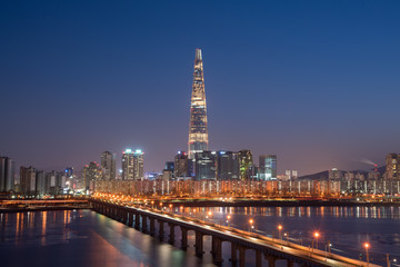 Night view of Han river and Lotte tower, Seoul, South Korea.