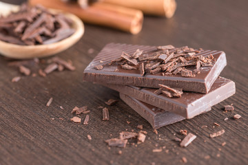 Dark chocolate on wood background.