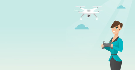 Young caucasian woman flying drone.