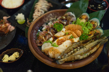 Raw seafood.