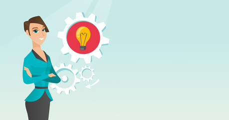 Caucasian woman with business idea bulb in gear.