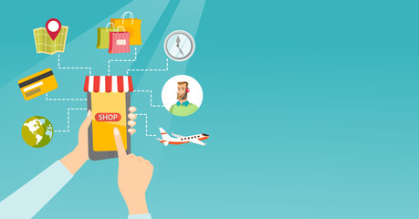 Hands holding phone connected with shopping icons.