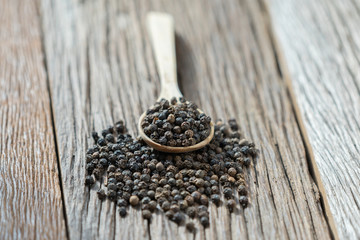 Black pepper in wooden spoon.