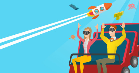 Couple in vr headset riding on a roller coaster.