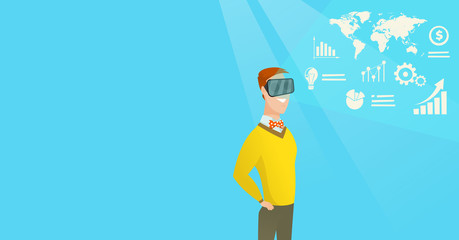 Businessman in vr headset analyzing virtual data.
