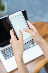 Close up, Hands woman use mobile phone.