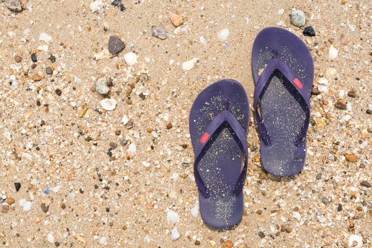 Violet flip flops against the sandy beach of the brown beach on weekends.