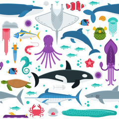 Sea life pattern with different marine animals. Underwater creatures vector seamless background with ocean aquatic inhabitants and exotic fishes in flat design. Whale, dolphin, orca, octopus, squid.