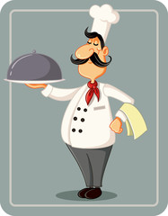 Cartoon Chef Holding a Silver Platter Vector Illustration
