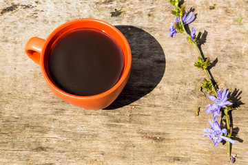Cup with chicory drink and blue chicory flowers on rustic wooden table