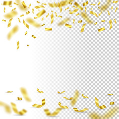 Falling golden confetti on transparent background. Vector holiday design element.