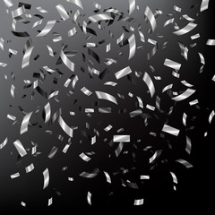 Falling silver confetti on dark background. Vector holiday illustration.