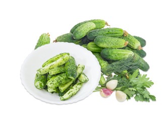 Lightly salted cucumbers and fresh cucumbers, parsley, dill, garlic
