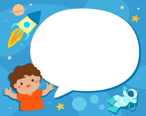 Cute boy with blank speech bubble on universe illustration background vector.