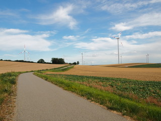 Fototapeta na wymiar Landscape view of wind turbines and field