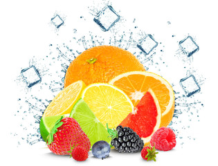 citrus and berries splash ice cube isolated