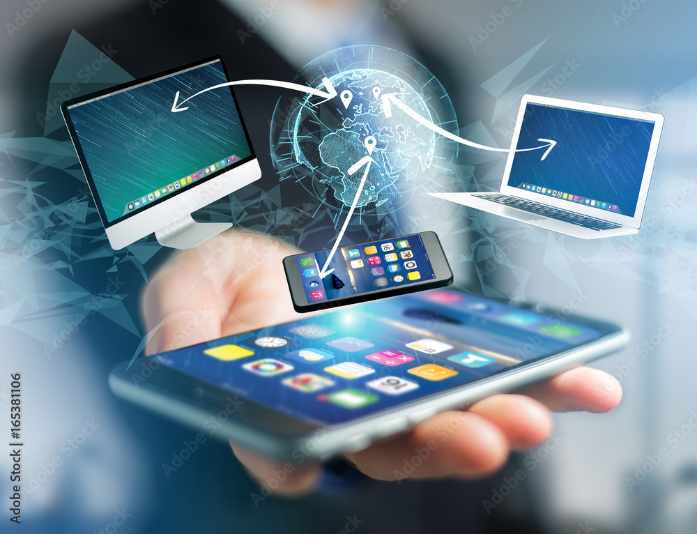 Poster computer and devices displayed on a futuristic interface with interantional network - multimedia and