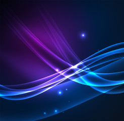 Energy lines, glowing waves in the dark, vector abstract background