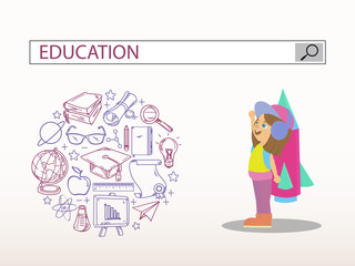 Little girl with rocket and education search engine bar illustration design.vector