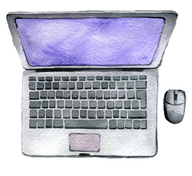 watercolor sketch of laptop with computer mouse isolated on white background