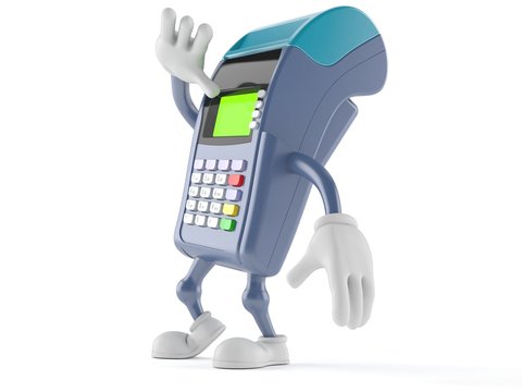 Credit card reader character looking up