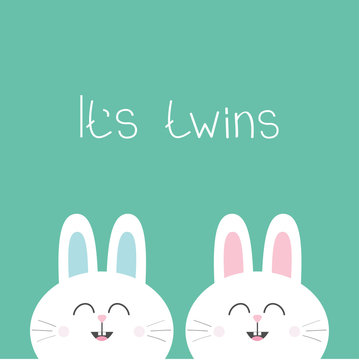 Its twins Two cute twin bunny rabbit. Hare head couple family icon. Cute cartoon funny smiling character set. Green background. Isolated. Flat design