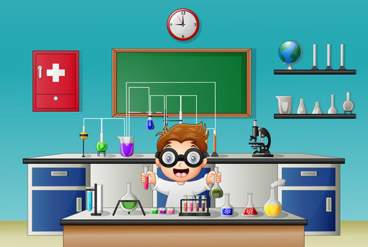 Scientist boy in laboratory research with chemical glassware