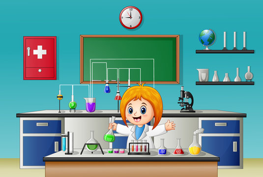 Scientist girl in laboratory research with chemical glassware