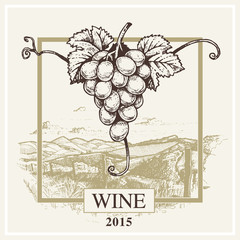 Wine label vector grape and landscape logo for winery
