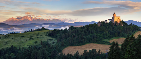 Fototapeta premium Panoramic view of Slovakia with Tatras moutain and Stara Lubovna castle