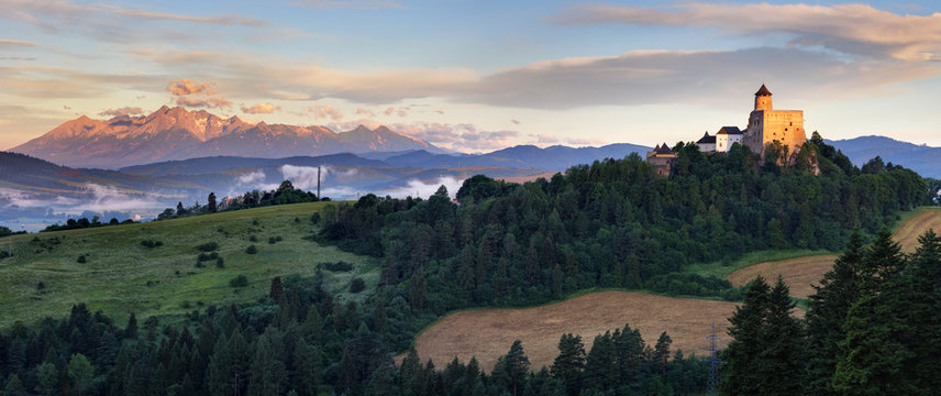 Panoramic view of Slovakia with Tatras moutain and Stara Lubovna castle