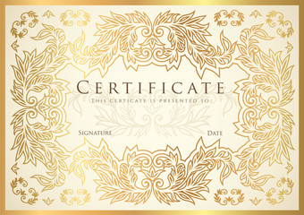 Certificate, Diploma of completion (golden design template, white background) with floral, filigree pattern, scroll border, frame. Gold Certificate of Achievement, coupon, award, winner certificate
