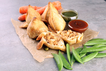 Indian special traditional street food punjabi samosa or Coxinha, Croquete and other Fried Brazilian Snacks