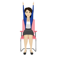 Pretty Asian woman is doing exercise on the office chair. Business woman in healthy warm up pose.