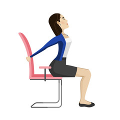 Pretty Asian woman is doing exercise on the office chair. Business woman in healthy warm up pose.