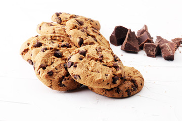 Chocolate cookies on white background. Chocolate chip cookies shot