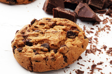 Chocolate cookies on white background. Chocolate chip cookies shot