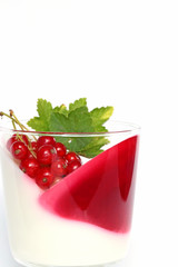 Berry jelly.  Jelly from red currants and cream With berries and green leaves of red currant In a transparent glass on a white background. 